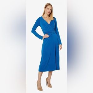 Maggie London Stretch V-neck Long-sleeve Faux Wrap Midi Dress